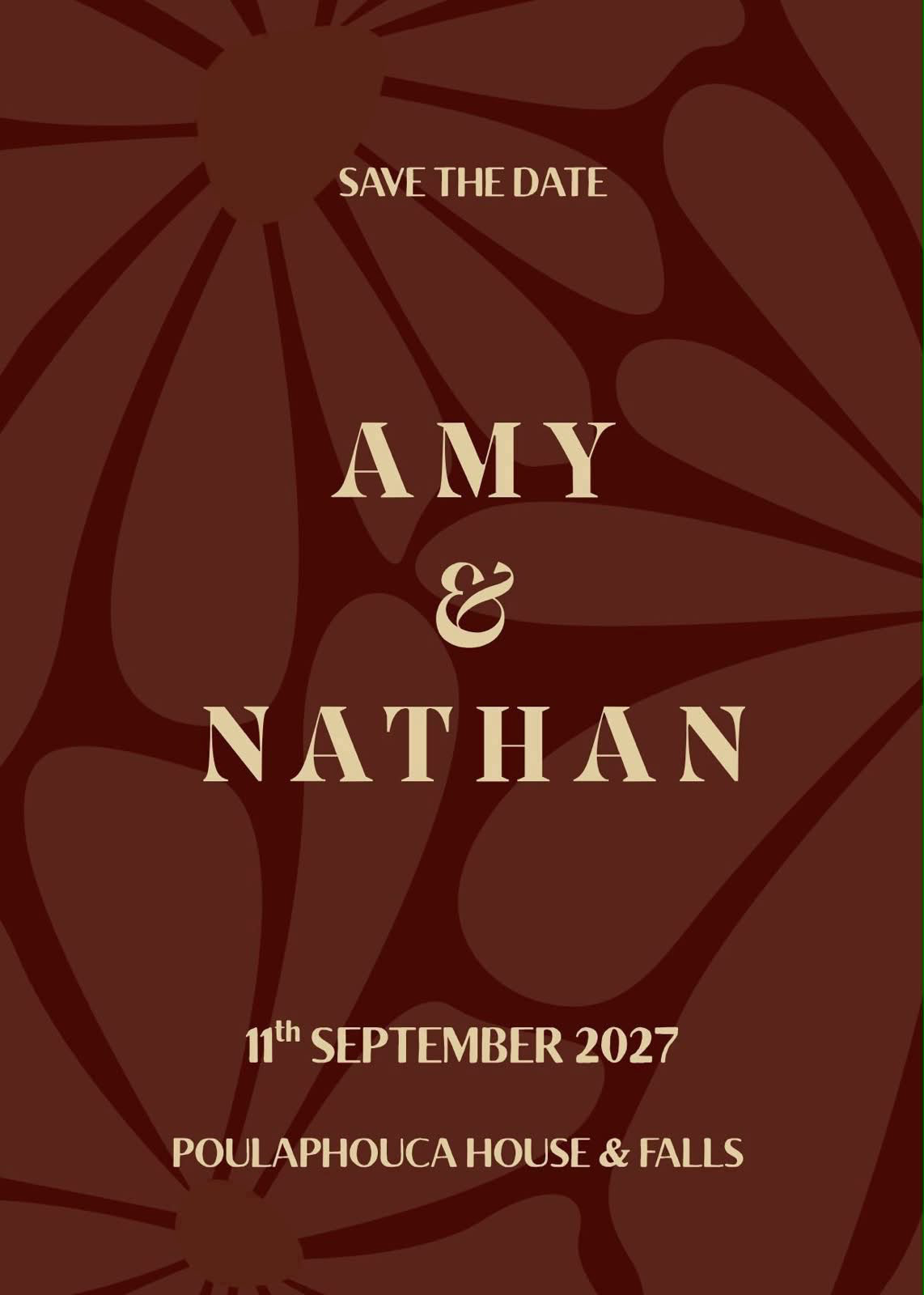 Save the date: Amy & Nathan, 11th September 2027, Poulaphouca House & Falls.